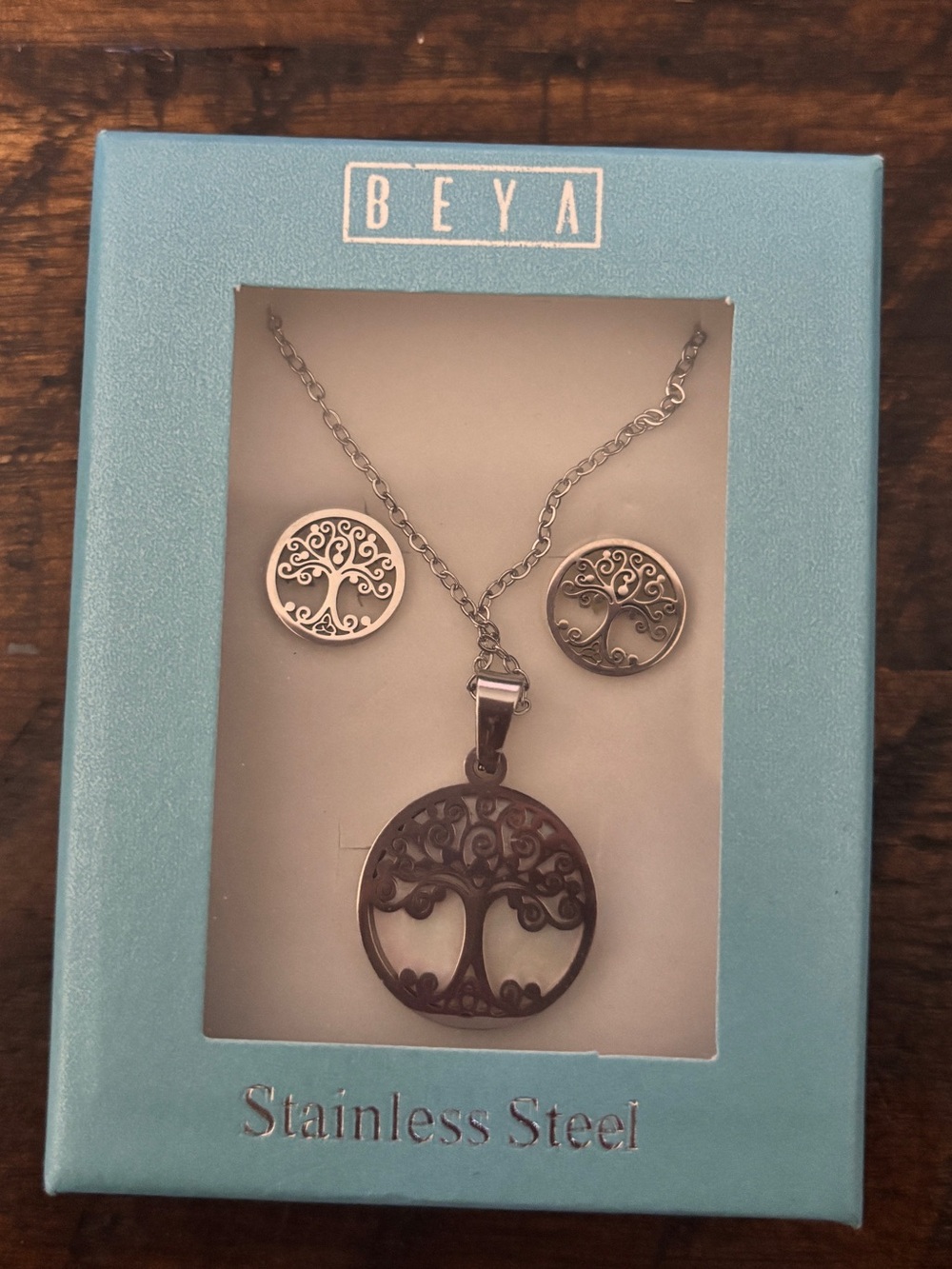BEYA Silver Tree of Life Necklace and Earrings Set in Silver Stainless Steel
